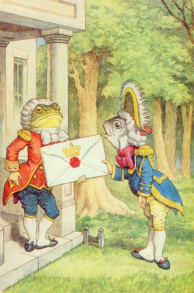 El lacayo de los peces entregando una invitación a la duquesa, ilustración de 